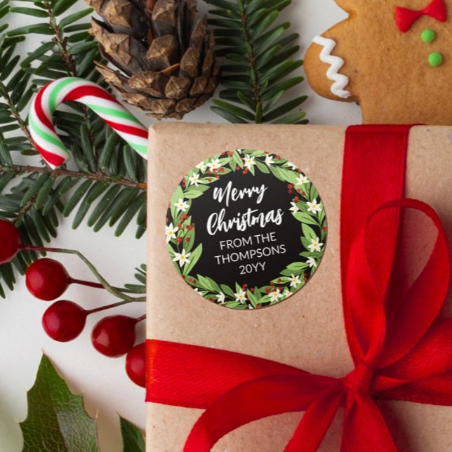 Floral Red Berry Greenery Wreath Frohe Weihnachten Runder Aufkleber (Von Creator hochgeladen)