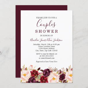Floral Red Burgundy Marsala Wedding Couples Dusche Einladung