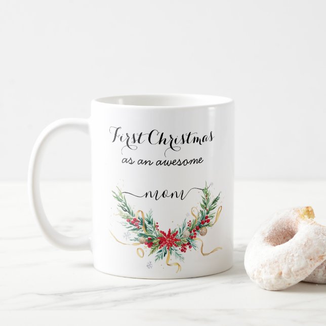 Floral Red Christmas Wreath | Erste Weihnachten Kaffeetasse (Mit Donut)
