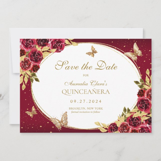 Floral Red Gold Butterfly Quinceanera Announcement Save The Date (Vorderseite)
