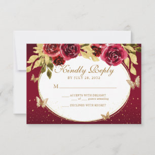 Floral Red Gold Tiara Butterfly Quinceañera RSVP Karte