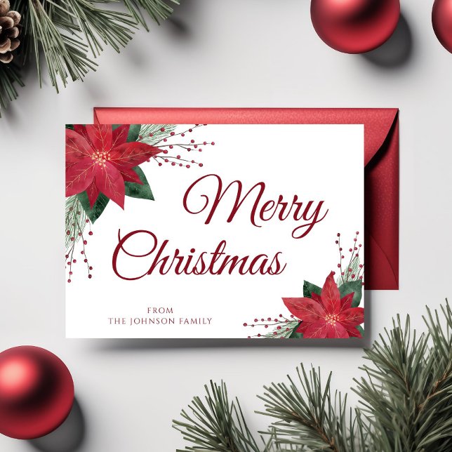 Floral Red Poinsettia Frohe Weihnachtsgrüße Postkarte (Floral Red Poinsettia Merry Christmas Greetings Postcard)