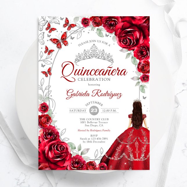 Floral Red Silver Quinceanera Einladung (Von Creator hochgeladen)