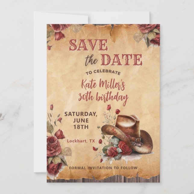 Floral Red Western Cowgirl Hat Birthday Save The Date (Vorderseite)