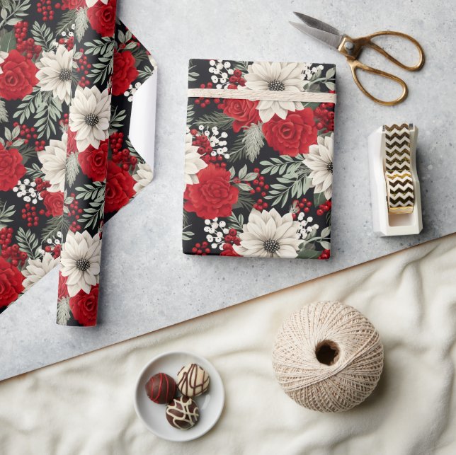 Floral Red White Christmas Pattern GIft Geschenkpapier (Kunsthandwerk)