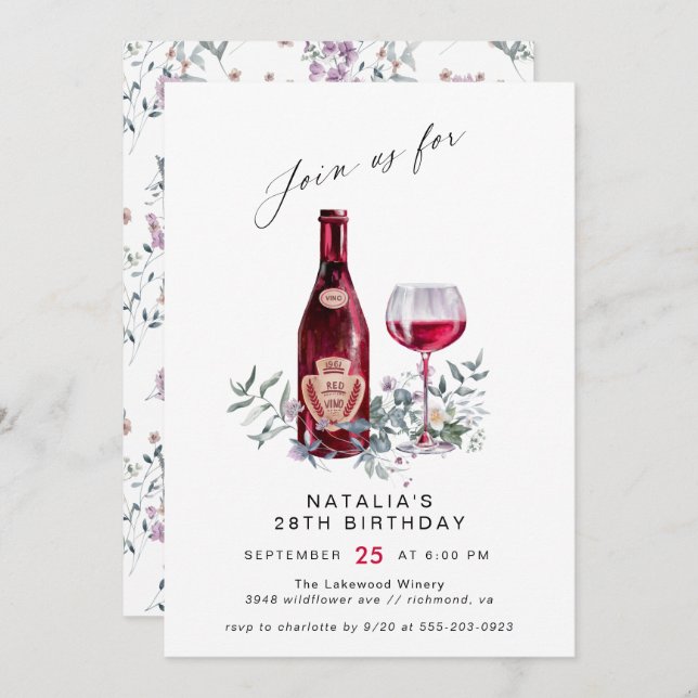 Floral Red Wine Tasting | Modern Women's Birthday Einladung (Vorne/Hinten)