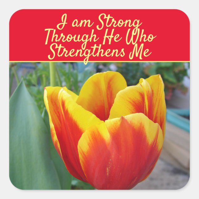Floral Red Yellow Tulip God Quote I Am Strong Quadratischer Aufkleber (Vorderseite)