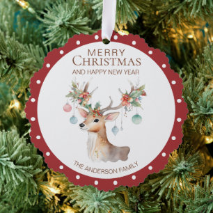 Floral Reindeer Maroon Red Christmas Ornament Card