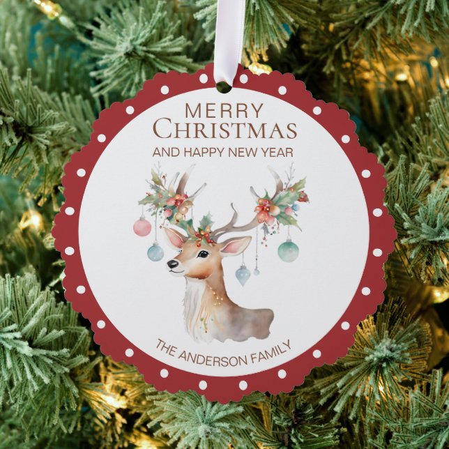 Floral Reindeer Maroon Red Christmas Ornament Card Karte (Insitu (Baum))