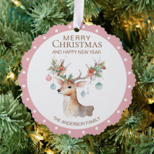 Floral Reindeer Rosa Weihnachtsschmuckkarte Ornament Karte