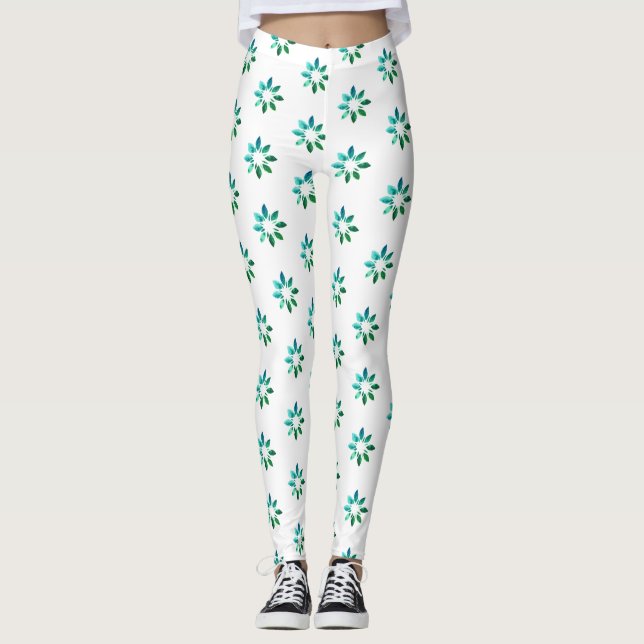 Floral Retro Muster grün Weiß Leggings (Vorderseite)