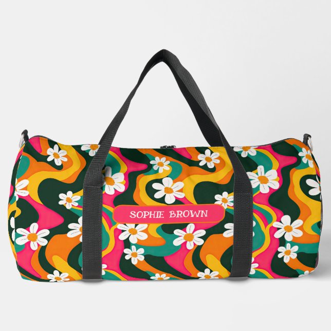 Floral Retro Muster mit Name farbenfroh Duffle Bag (Vorderseite)