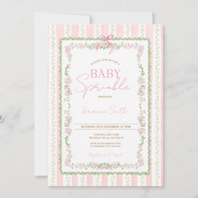 Floral Ribbon Pink Baby Sprinkle Invitation Einladung (Vorderseite)