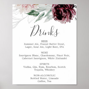 Floral Romance Hochzeitsgetränke-Menü-Schild Poster