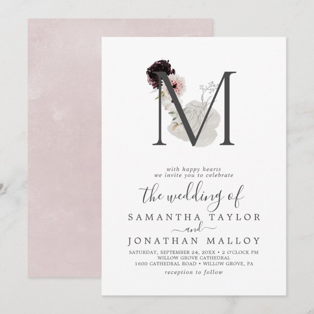 Floral Romance Letter M Monogram Wedding Einladung (Vorne/Hinten)