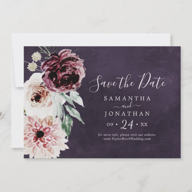 Floral Romance | Plum Horizontal Save The Date (Vorderseite)