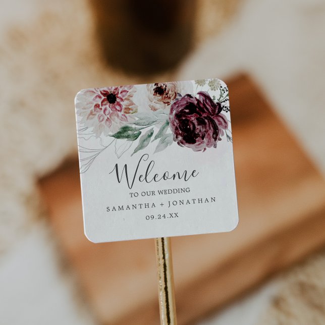 Floral Romance Wedding Welcome Quadratischer Aufkleber (Von Creator hochgeladen)