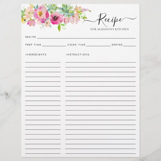 Floral Rosa Aquarell Küche Rezept Flyer (Vorne)