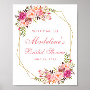 Floral Rosa Hauch Brautparty Gold Willkommen Poster
