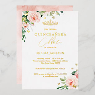 Floral Rosa Hauch Gold Quinceanera Folieneinladung