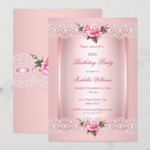 Floral rosafarbenes Spitzenrosen Geburtstagsfeier Einladung