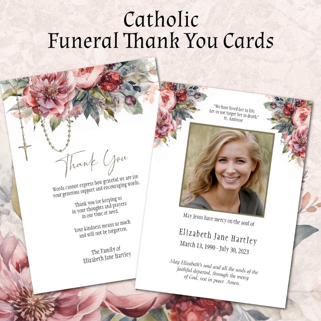 Floral Rosary Foto Beerdigung Beileid Beileid Dankeskarte (Easy to personalize Catholic Funeral Thank you Cards)