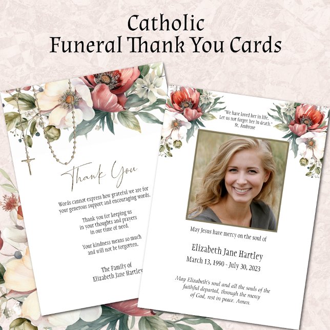 Floral Rosary Foto Beerdigung Beileid Beileid Dankeskarte (Easy to Personalize Catholic Funeral Thank You Cards)