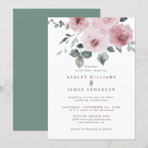 Floral Rose Burgundy Dusty Green Wedding Einladung