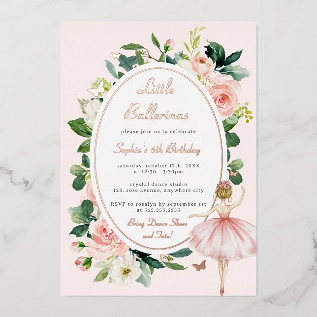 Floral Rose Gold Ballerina Kindergeburtstag Folieneinladung (Vorderseite)