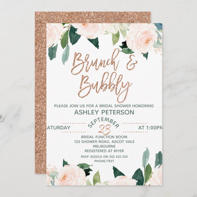 Floral Rose Gold Brunch Bubbly Bridal Einladung (Vorne/Hinten)