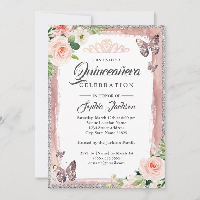 Floral Rose Gold Butterfly Sparkasse Quinceanera Einladung (Vorderseite)