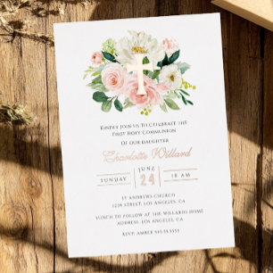 Floral Rose Gold Cross Girls Erste Kommune Folieneinladung