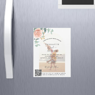 Floral Rose Gold Foto Bogen QR Code Luxus Hochzeit Magneteinladung