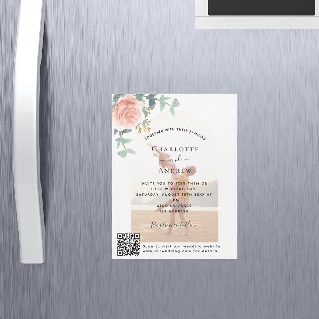 Floral Rose Gold Foto Bogen QR Code Luxus Hochzeit Magneteinladung (Von Creator hochgeladen)