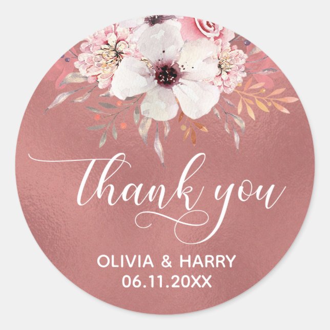 Floral Rose Gold Gastgeschenk Hochzeit Stickers (Vorderseite)