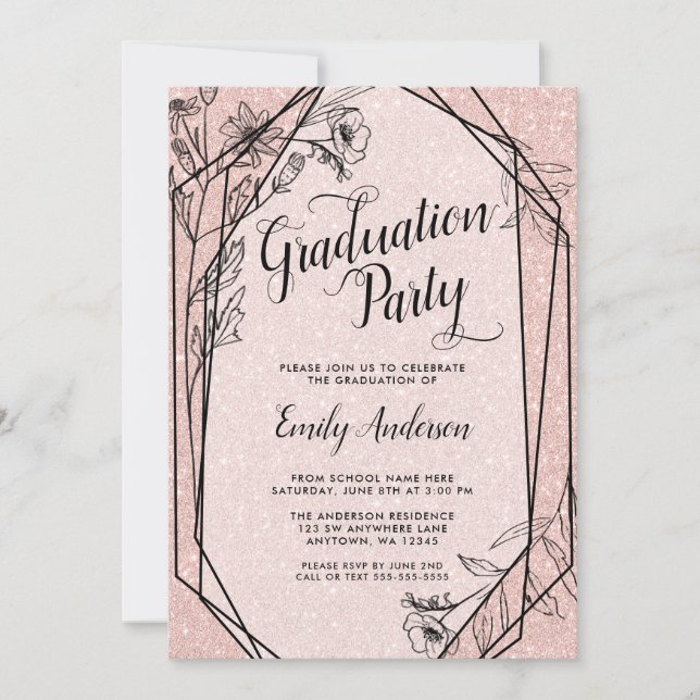 Floral Rose Gold Imitate Glitzer Graduation Party Einladung (Vorderseite)