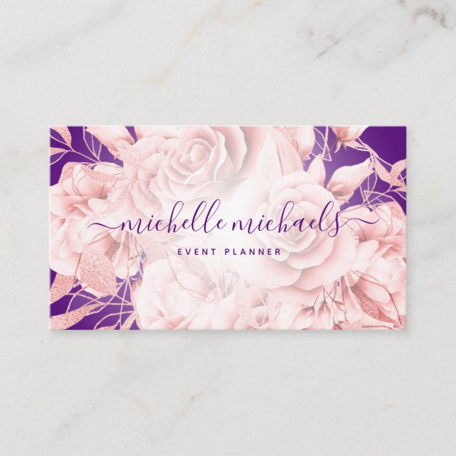 Floral Rose Gold Lila moderne Schrift Visitenkarte (Vorderseite)