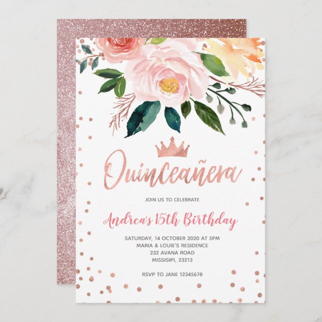 Floral Rose Gold Mexikanischer Königin Geburtstag Einladung (Vorne/Hinten)
