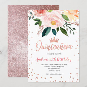 Floral Rose Gold Mexikanischer Königin Geburtstag Einladung