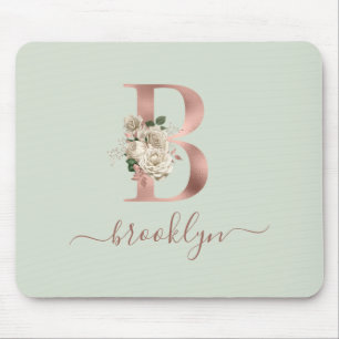 Floral Rose Gold Monogram Letter "B" Sage Green Mousepad
