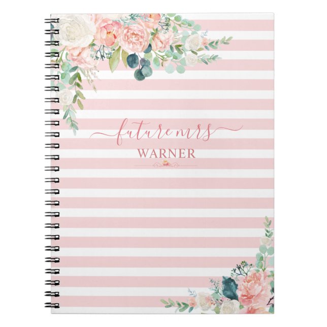 Floral Rose Gold Pink Stripe Script Zukunft Mrs. Notizblock (Vorderseite)