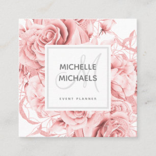 Floral Rose Gold Simple Script Monogram Quadratische Visitenkarte