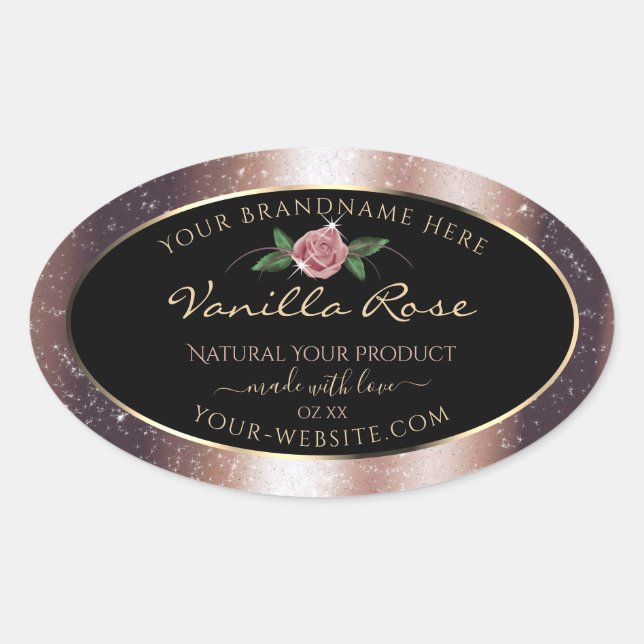 Floral Rose Gold Soft Glitzer Black Product Labels Ovaler Aufkleber (Vorderseite)
