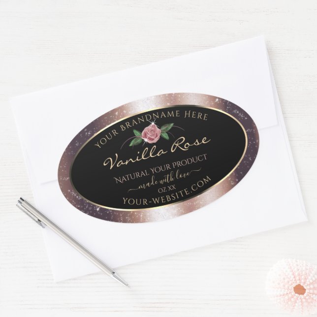 Floral Rose Gold Soft Glitzer Black Product Labels Ovaler Aufkleber (Umschlag)