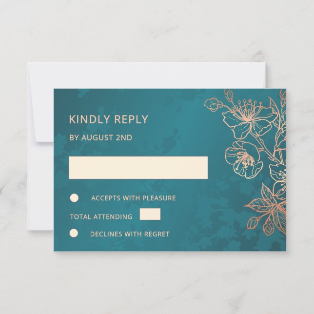 Floral Rose Gold Teal Wedding RSVP (Vorderseite)