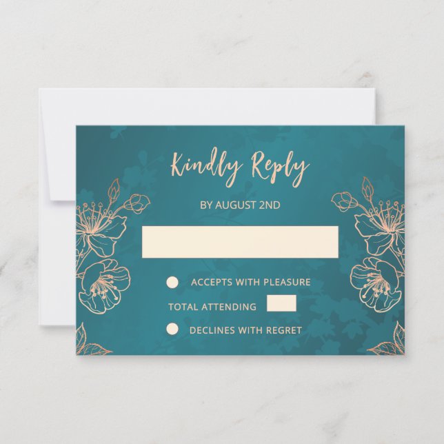 Floral Rose Gold Teal Wedding RSVP Karte (Vorderseite)
