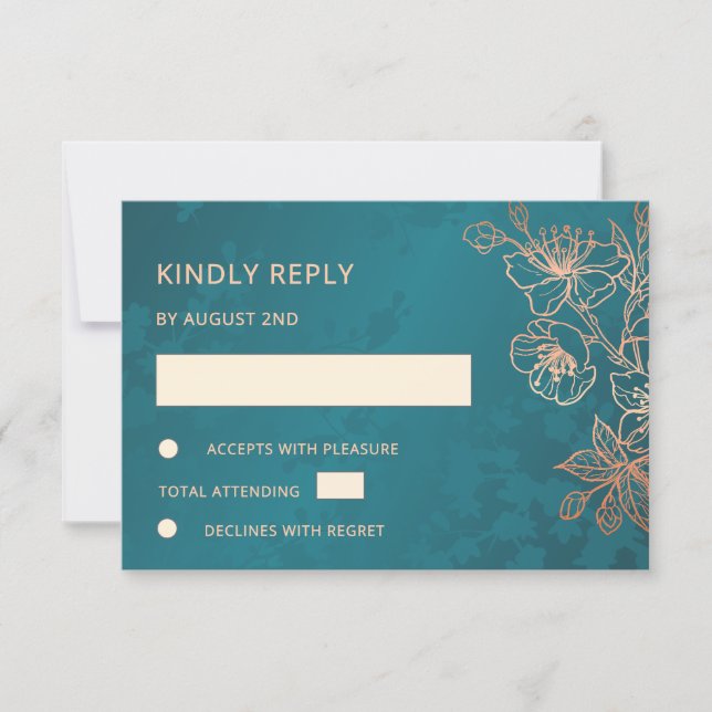 Floral Rose Gold Teal Wedding RSVP Karte (Vorderseite)