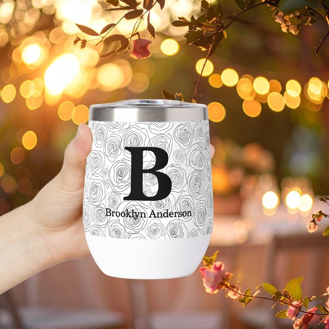 Floral Rose Monogram Wedding Black And White  (Von Creator hochgeladen)