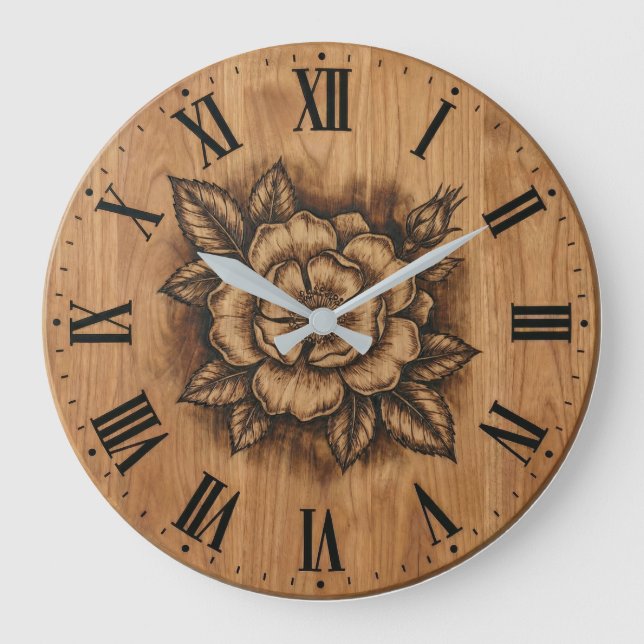 Floral Rose Wall Clock | Rustic Farmhouse Decor Große Wanduhr (Vorderseite)