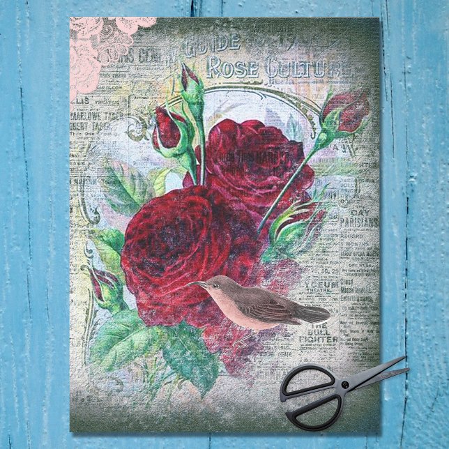 Floral Rote Rosen Finch Bird Ephemera Decoupage Seidenpapier (Von Creator hochgeladen)